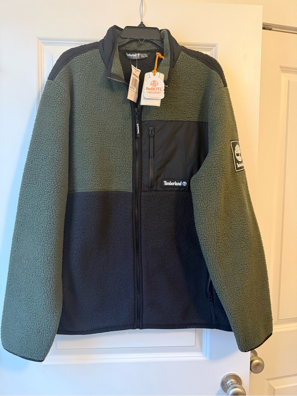 NWT men’s Timberland Two-Tone Olive & Black Sherpa Fleece Jacket, size XXL